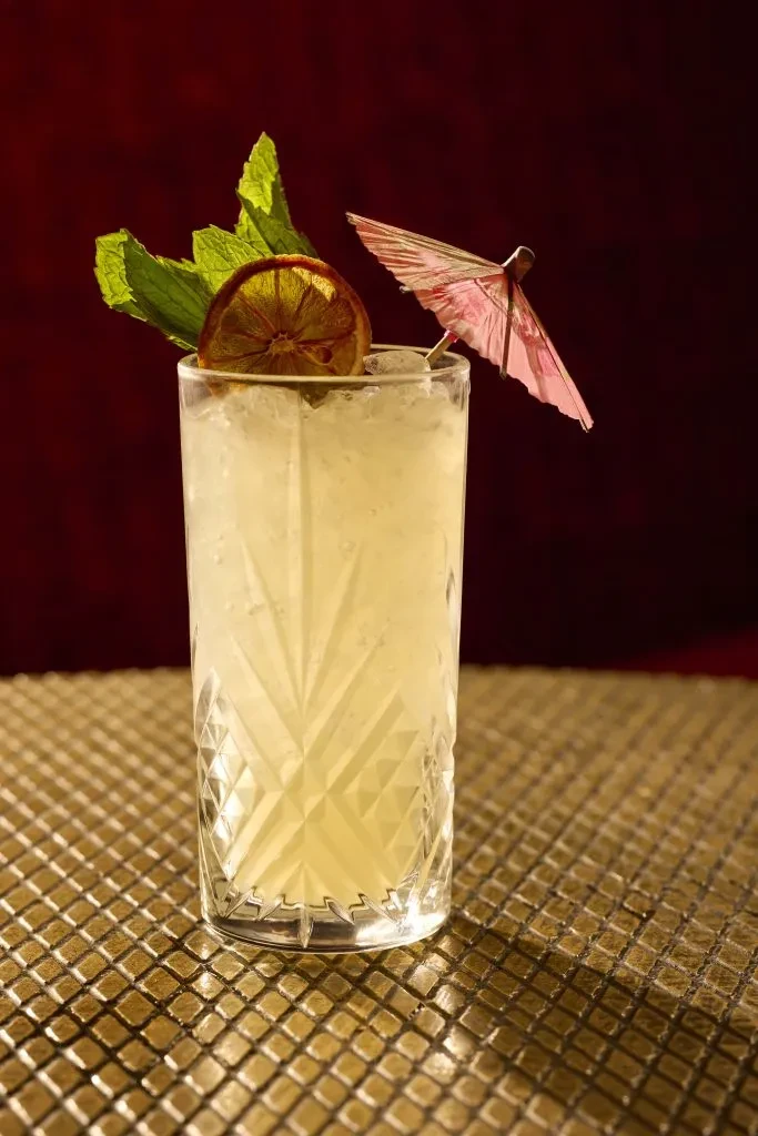 Cut-glass cocktail with crushed ice, mint, dried citrus, and umbrella.