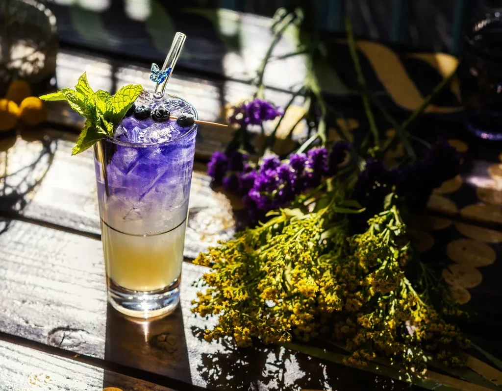 Vibrant two-layered cocktail with mint and blueberries on a sunlit wooden table.