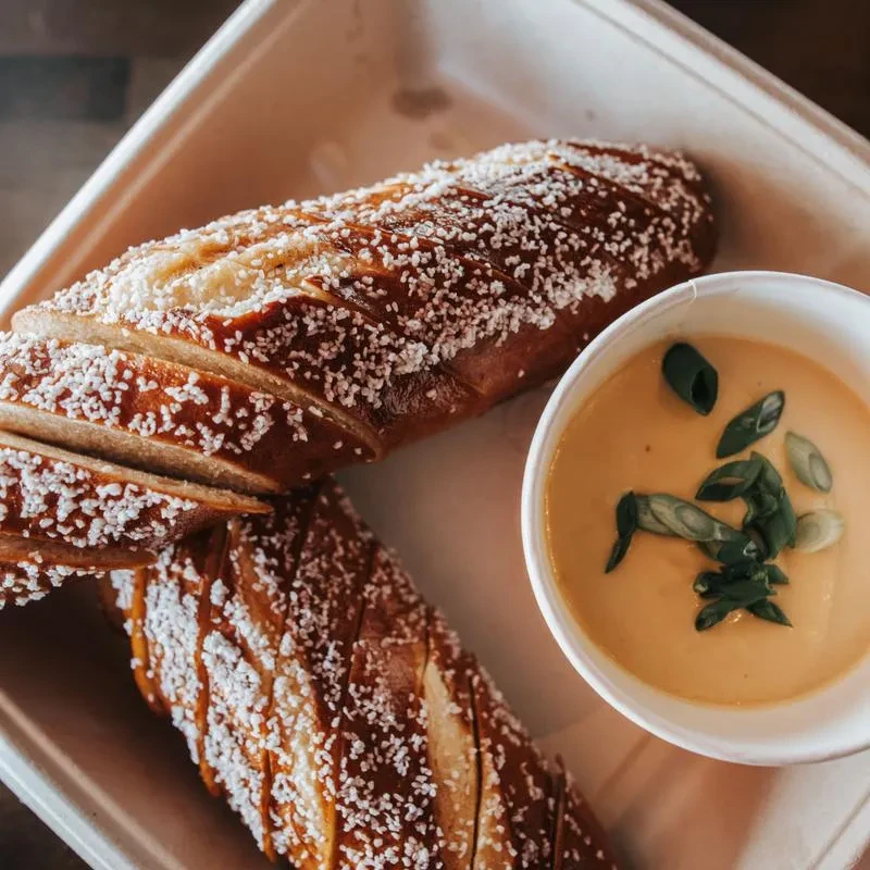 Two salted soft pretzels and creamy yellow dip in a white container.