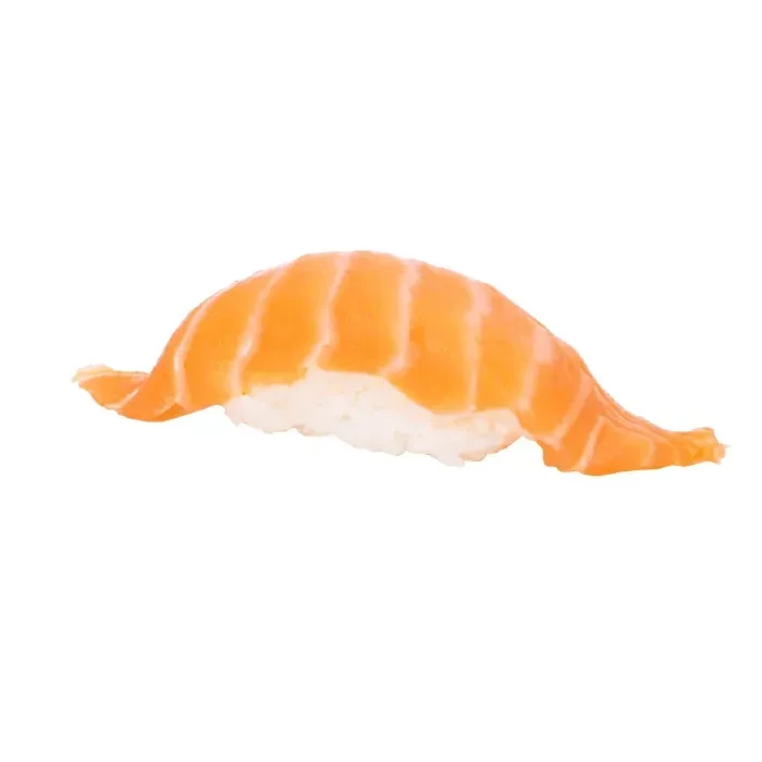 Salmon nigiri sushi with marbling, centered on a pure white background.