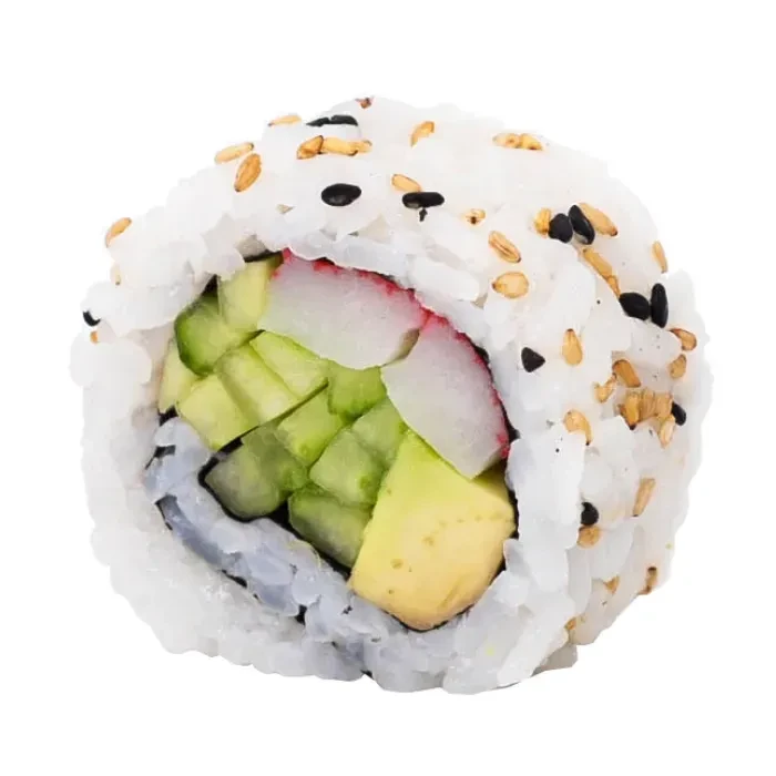 Uramaki sushi roll cross-section with rice, sesame, avocado, cucumber, and crab.