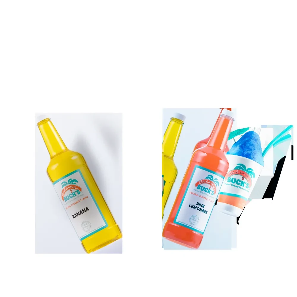 Bahama Buck's banana and pink lemonade bottles with blue shaved ice.