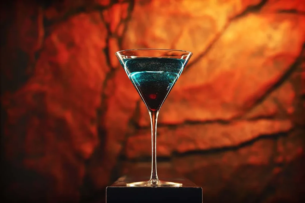 Luminous blue-green cocktail with cherry in martini glass, warm blurred background.