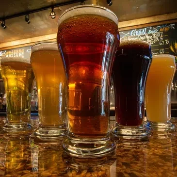 Five different colored beers on a reflective bar, chalkboard visible.