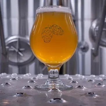 Golden-amber beer in a hop-etched snifter glass at a brewery.