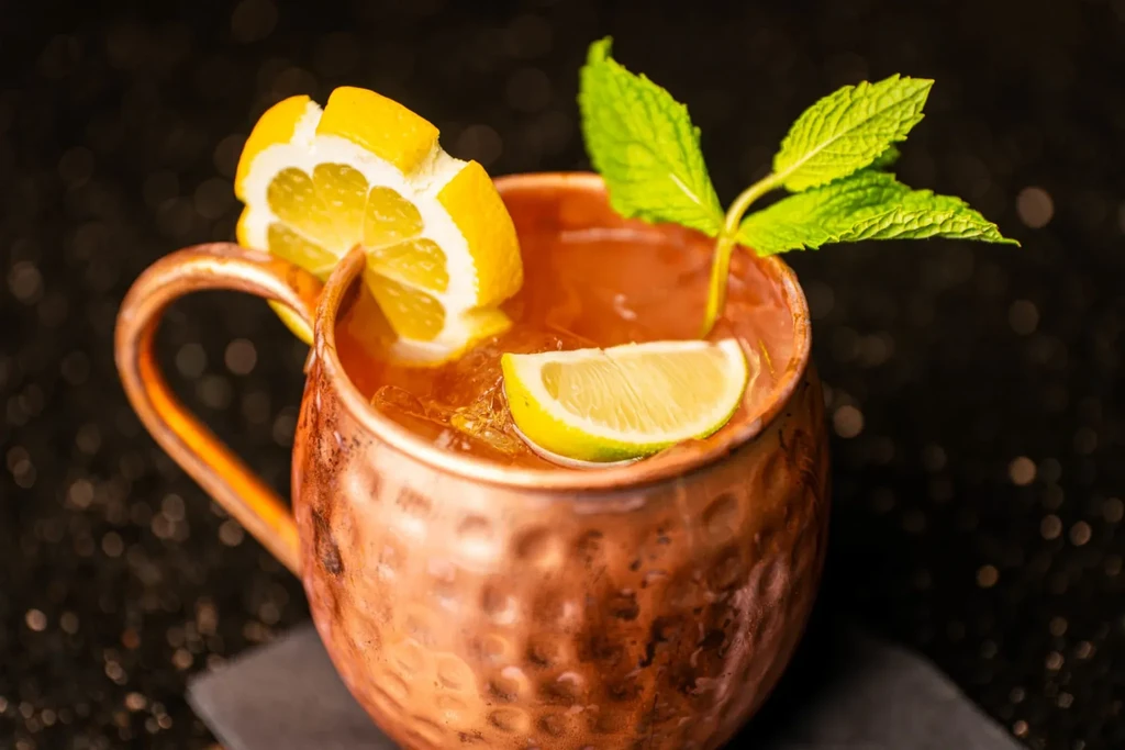 Cocktail in hammered copper mug, garnished with lemon, lime, and mint.