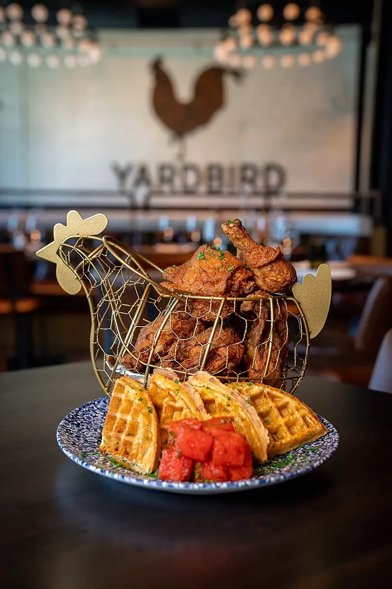 Chicken and waffles plated in dining room below Yardbird rooster sign