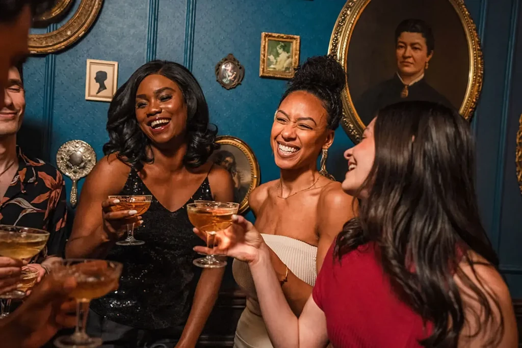 Three women laughing with cocktails at an upscale bar.