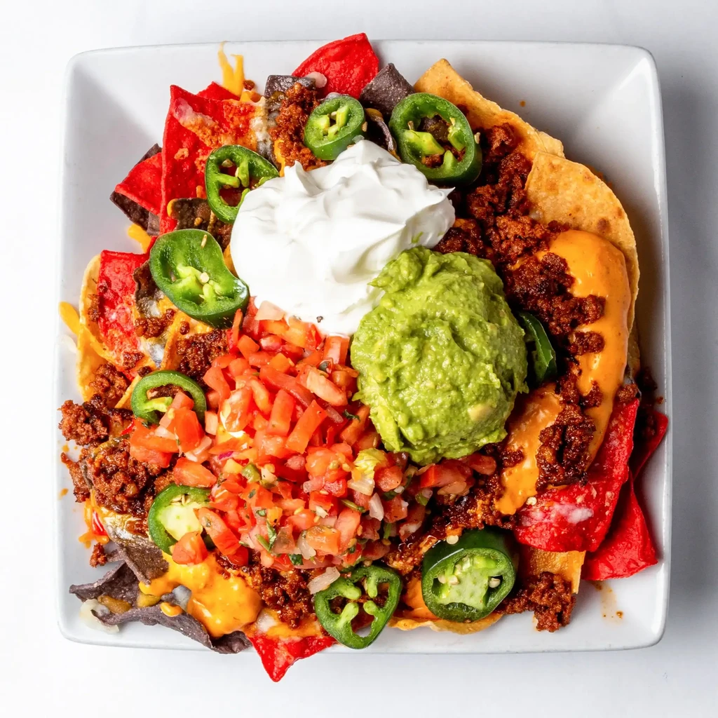 Overhead of loaded nachos with meat, cheese, guacamole, sour cream, jalapeños.