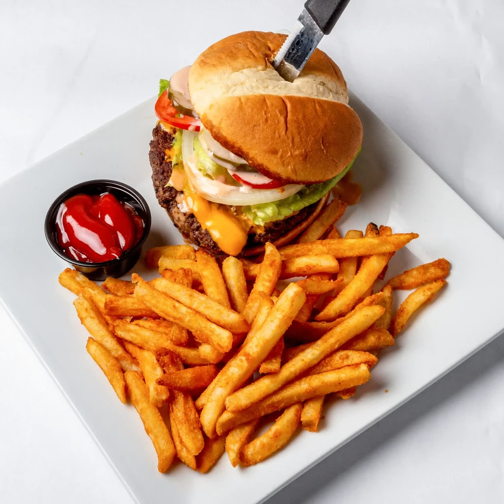 Stacked burger, fries, ketchup, and a knife plunged into the top.