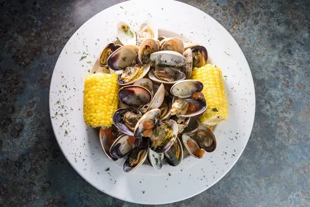 Cooked clams and corn on the cob, garnished with green herbs.