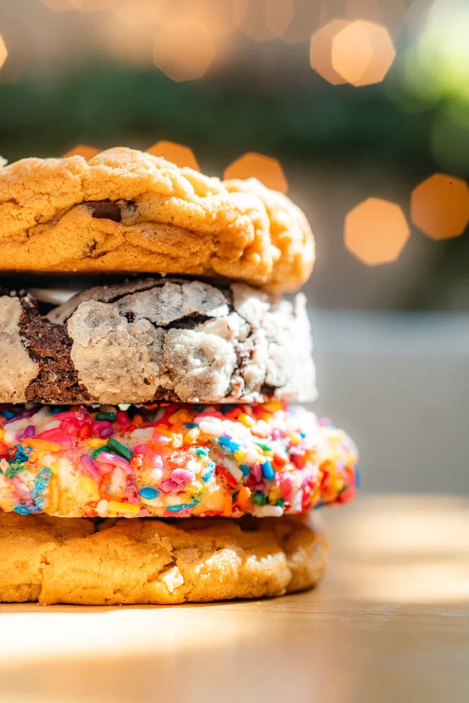 Four distinct cookies, including sprinkle and powdered sugar, stacked on wood.