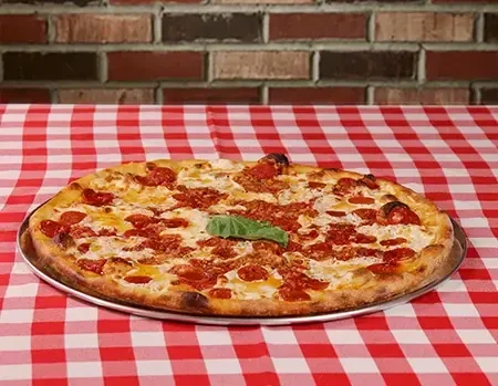 Whole pizza with melted cheese, tomato sauce, and basil on a checkered tablecloth.
