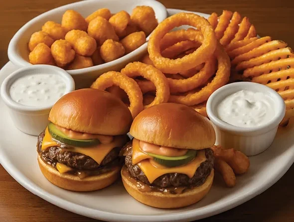 Two cheeseburger sliders, waffle fries, onion rings, tater tots, and dipping sauce.