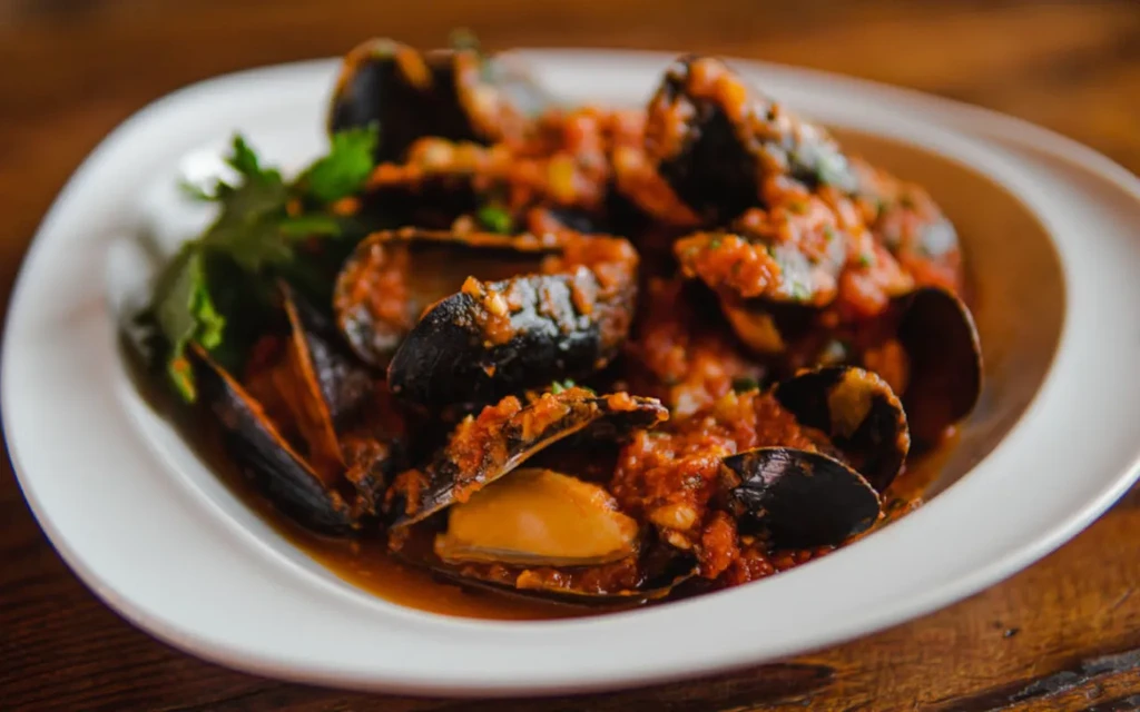 Cooked mussels in red tomato sauce with parsley in a white bowl.