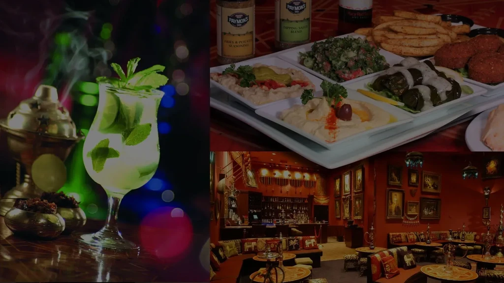 Middle Eastern food, mojito, and shisha lounge composite image.