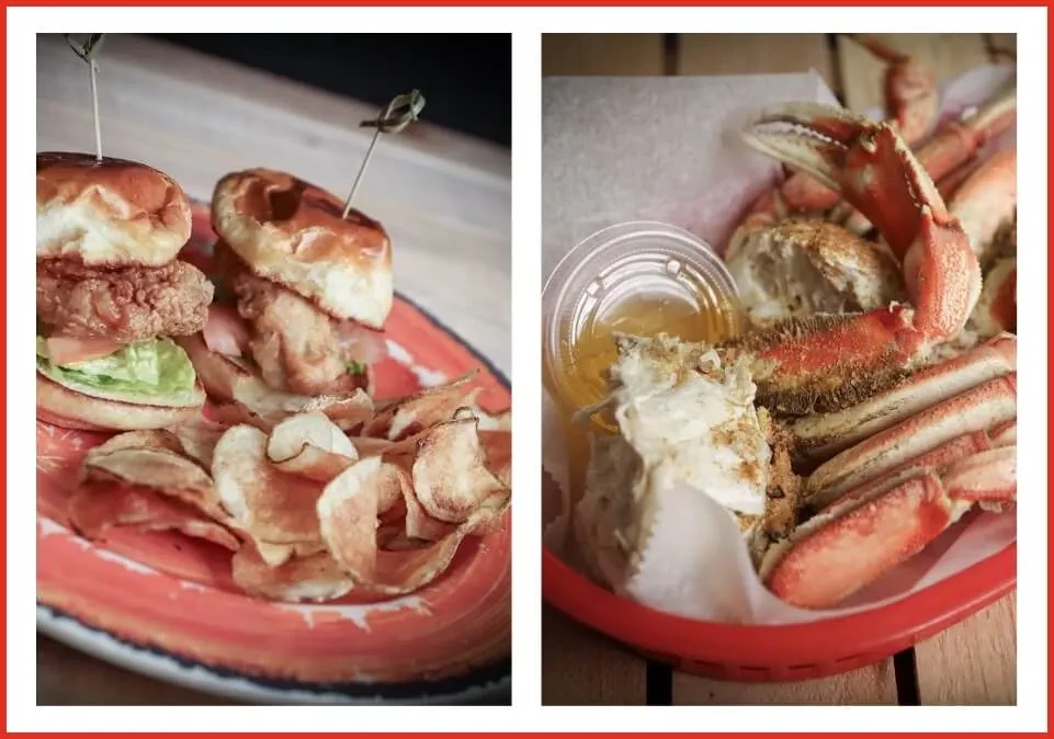 Two sliders with chips and crab legs with butter, side-by-side.