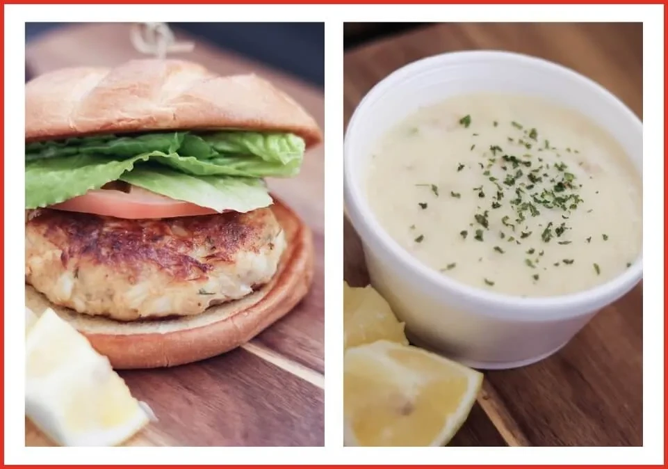 Golden fish burger, creamy soup with herbs, and lemon wedges.