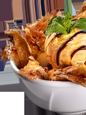 Caramel ice cream, chocolate, mint, and baklava-like pastry.