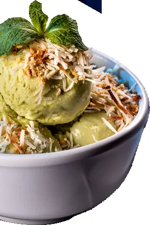 Green frozen dessert with toasted coconut, garnished with fresh mint.