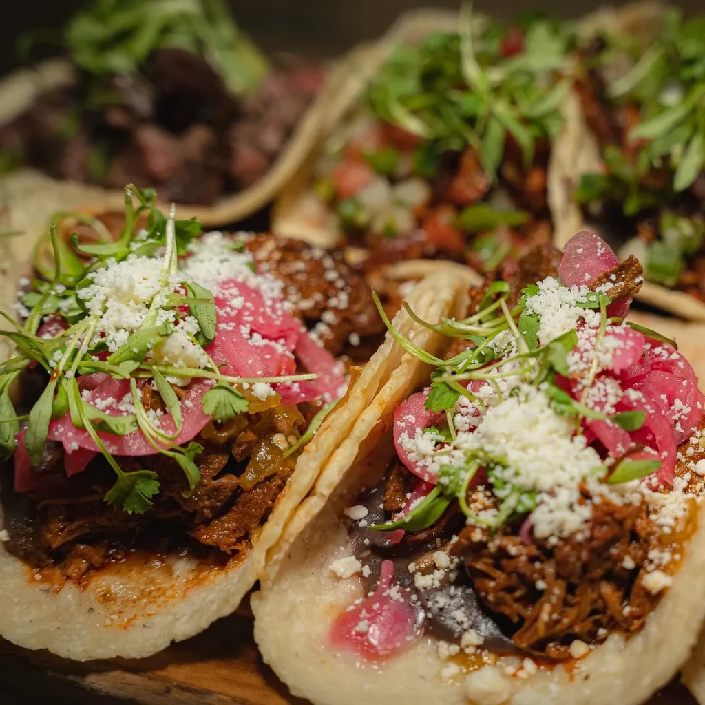 Two shredded meat tacos with pickled onions, cheese, and microgreens.