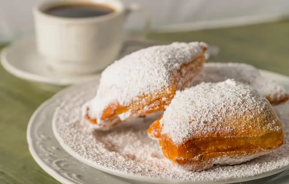 Golden-brown beignets generously dusted with powdered sugar on a white plate.