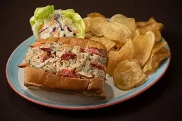 Lobster roll, potato chips, and coleslaw served on an oval plate.