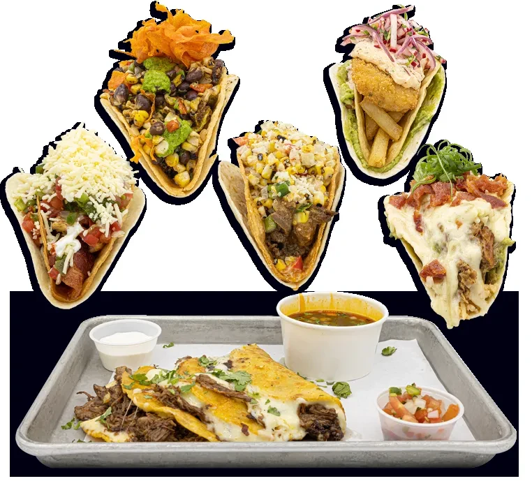 Six diverse, richly-filled tacos and a birria taco meal with sides.