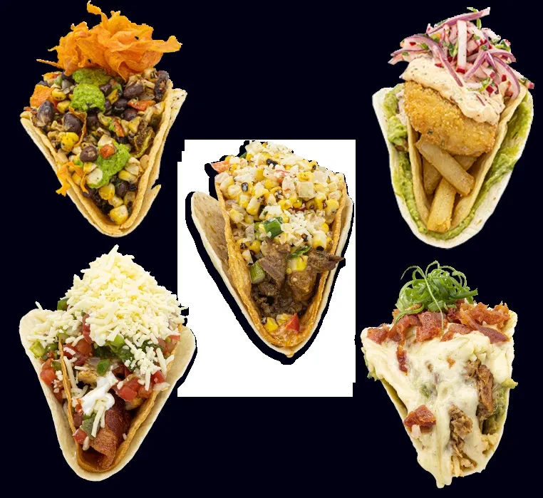 Collage of five distinct tacos with diverse fillings and toppings.