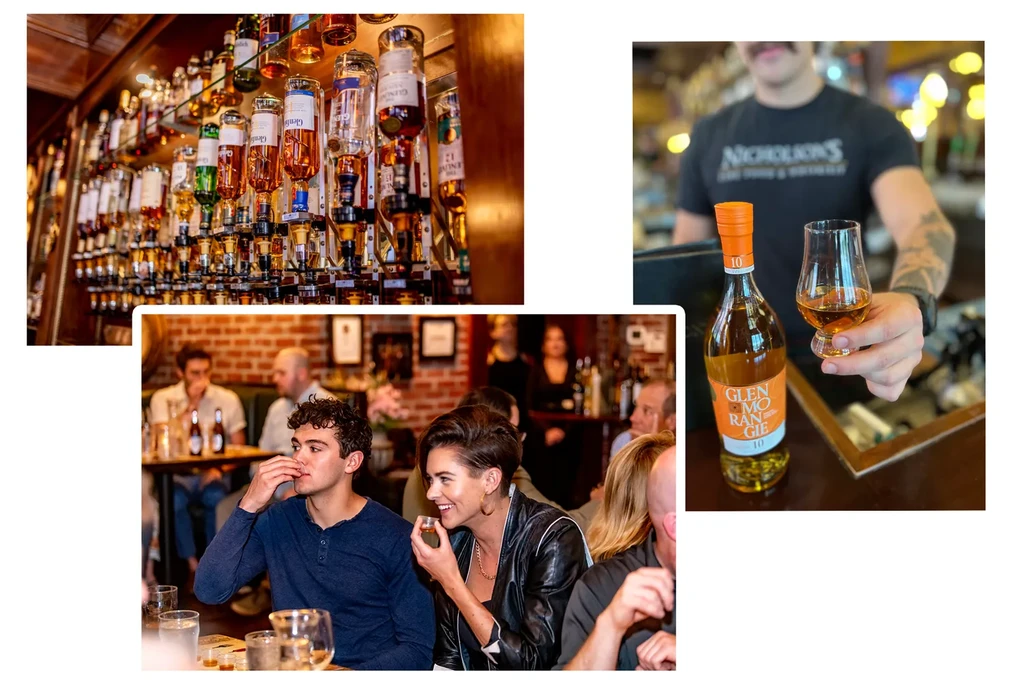 Collage of a bar, whisky tasting, and a lively restaurant scene.