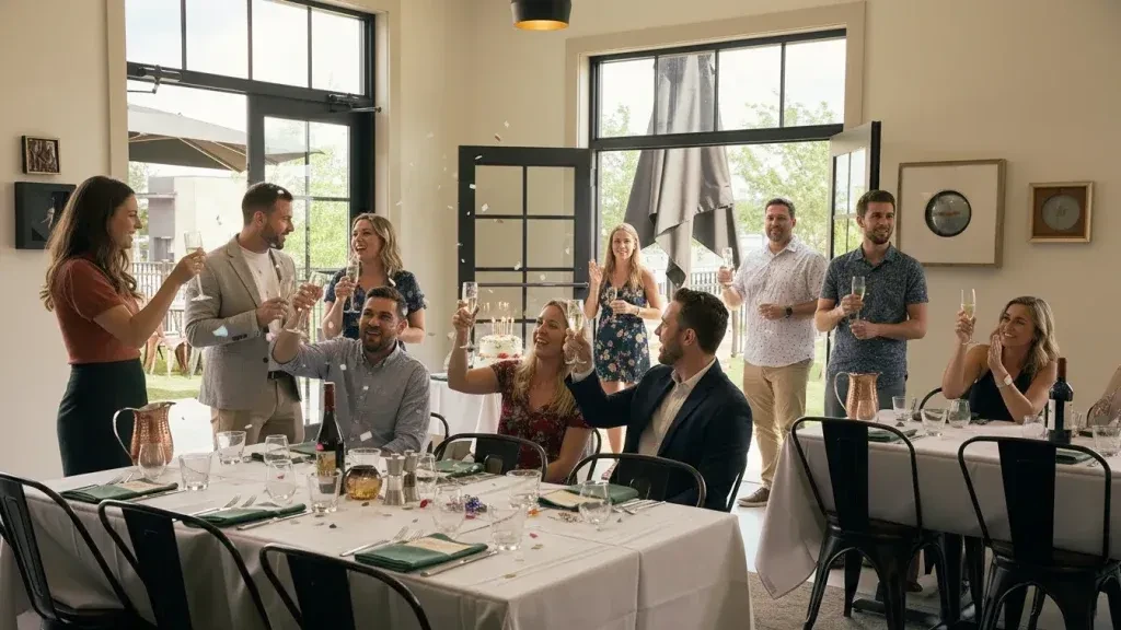 Group of adults celebrating with champagne, confetti, and cake.