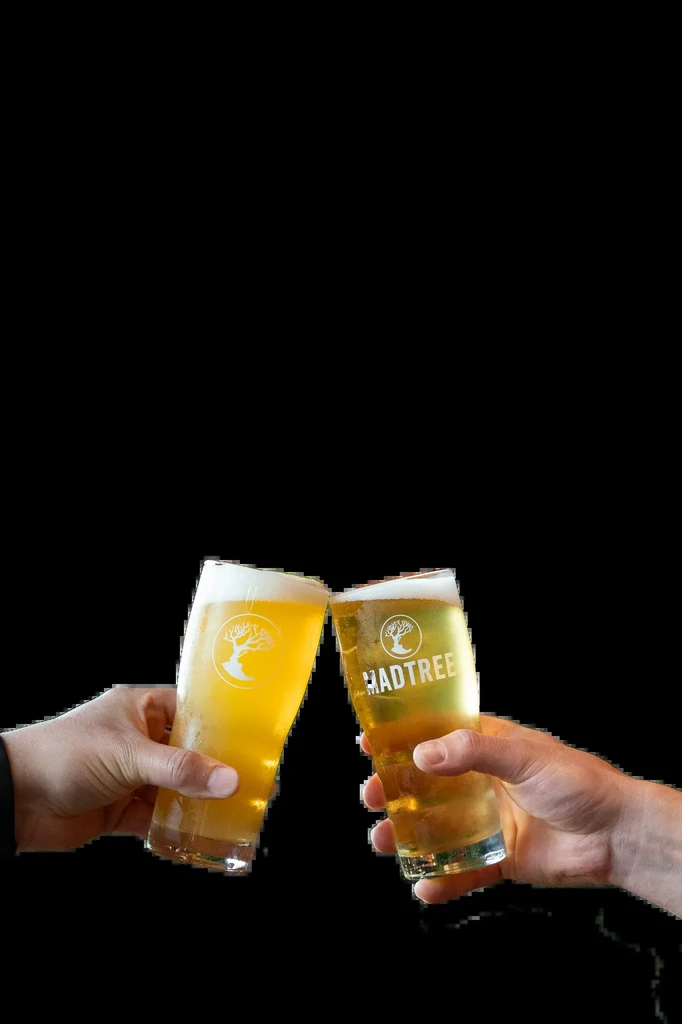 Two hands toasting with frosted glasses of amber beer.