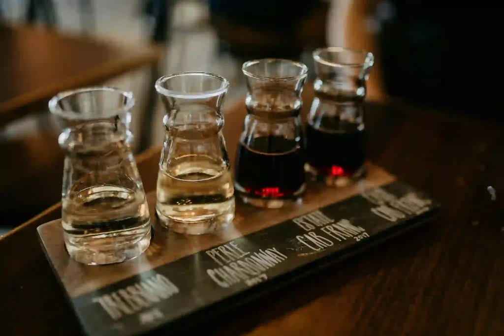 Tasting flight of four wines in distinct glasses on a wooden tray.