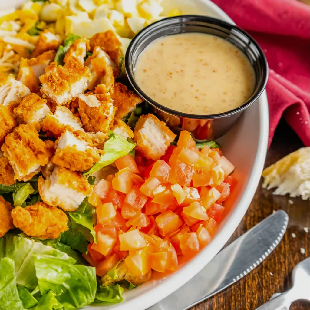 White bowl of crispy chicken salad with lettuce, tomatoes, and dressing.