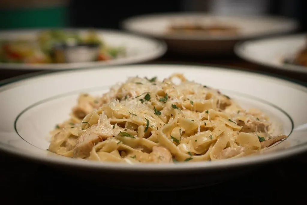 Close-up: creamy fettuccine pasta with chicken, cheese, and fresh herbs.