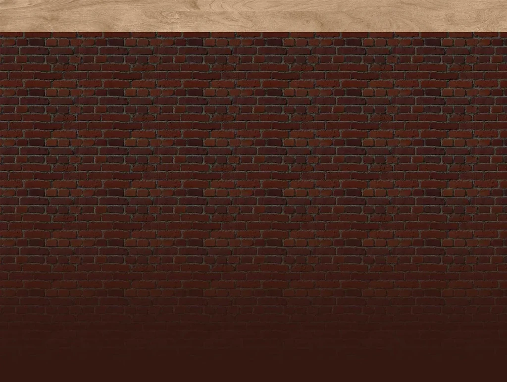 Textured dark red brick wall with horizontal wood and gradient bottom.