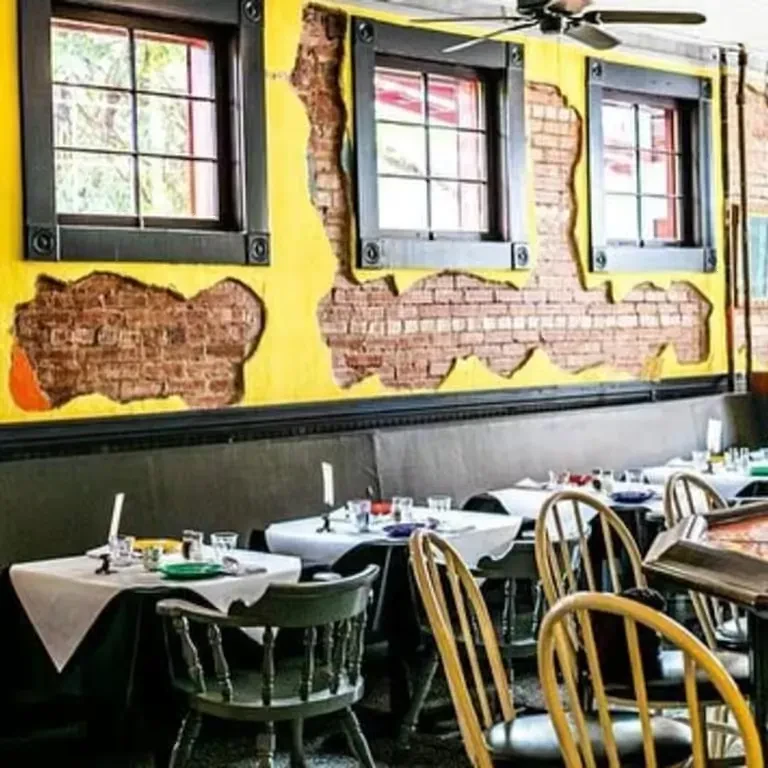 Empty restaurant dining room with yellow wall, exposed brick, windows, and booth.