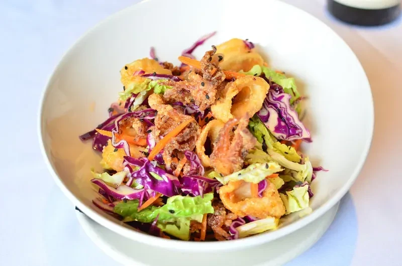 Vibrant salad with cabbage, carrots, crispy fried calamari, sesame seeds.