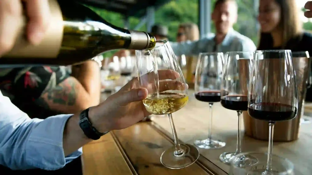 White wine poured into a glass at an outdoor tasting.