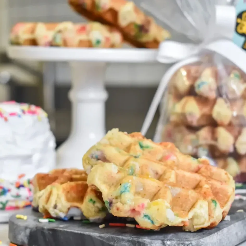 Colorful funfetti waffles displayed on a board, cake stand, and packaged.