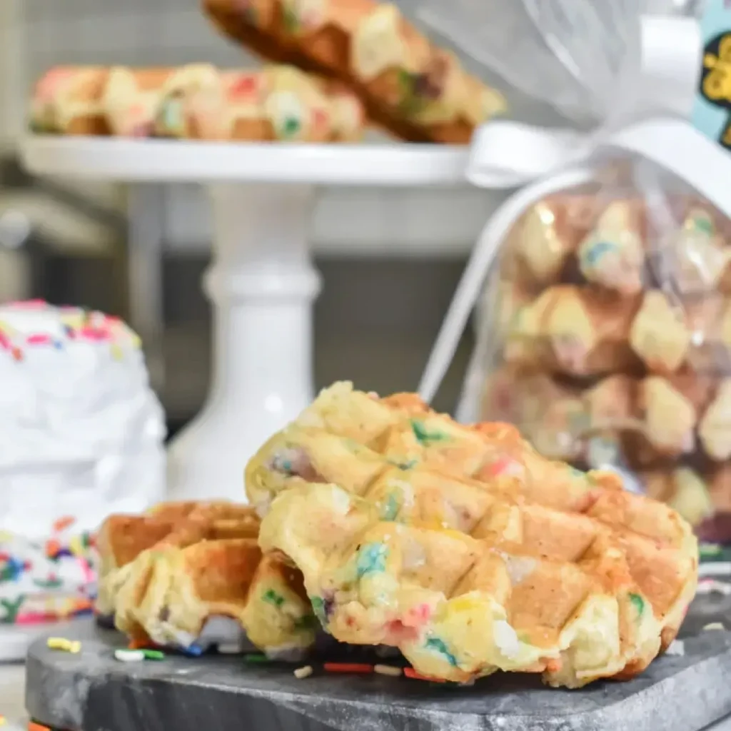 Golden funfetti waffles with sprinkles on a board and in gift packaging.