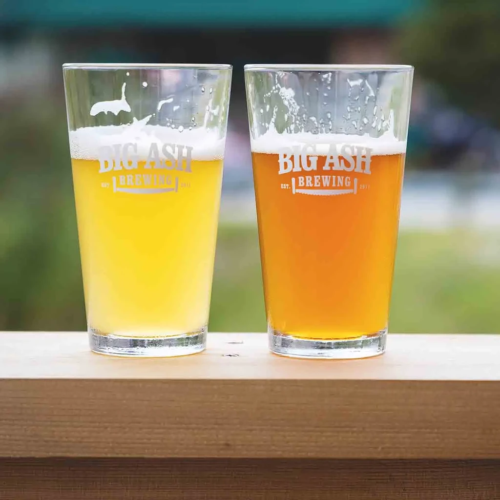 Two Big Ash Brewing beers, hazy and amber, on an outdoor table.