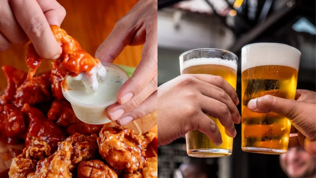 Orange chicken dipped in sauce; two hands toasting golden beers.