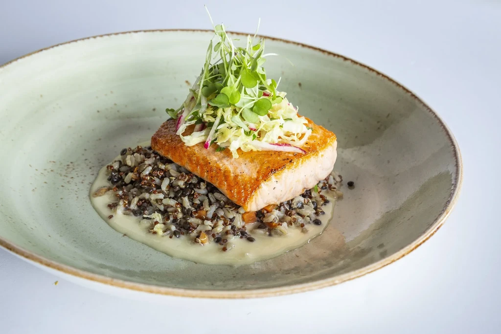 Pan-seared salmon, crispy skin, grain medley, creamy sauce, microgreens, radish.