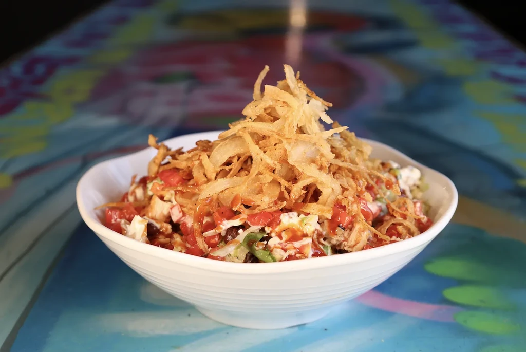 Bowl of food with fried onions, tomatoes, white meat, and sauce.