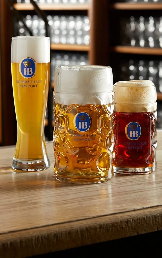 Three Hofbrauhaus Newport beers: golden and dark, on a wooden table.