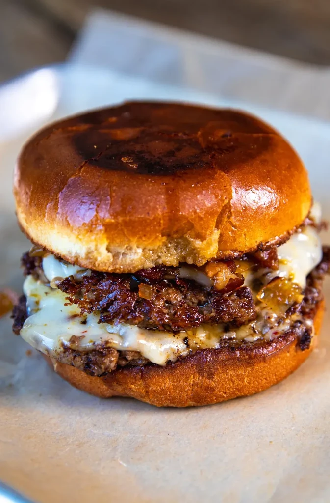 Close-up of a double-patty cheeseburger with melted cheese and caramelized onions.