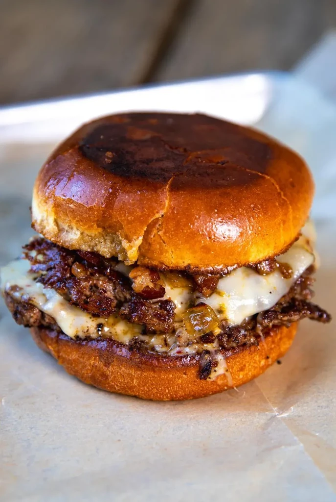 Close-up of a double smash burger with melted cheese and toppings.