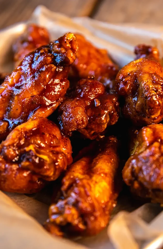 Piled glossy reddish-brown glazed chicken wings in a basket.