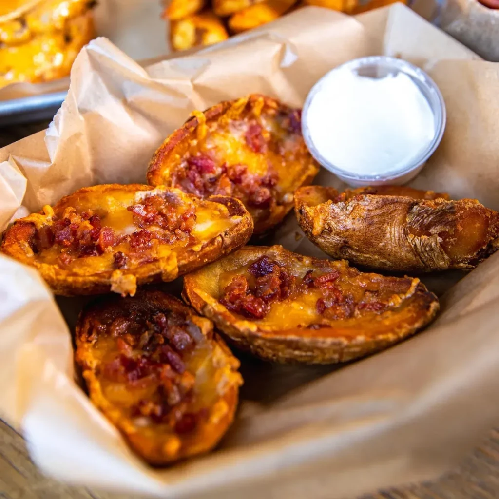 Close-up of cheesy bacon potato skins with sour cream.